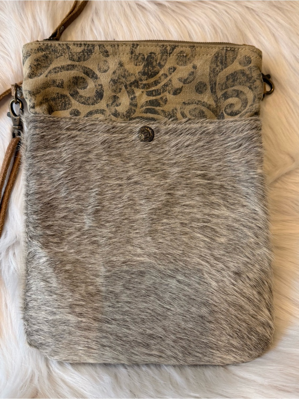 Myra Bag Tan Leather Crossbody with Gray Fur & Patterned Trim